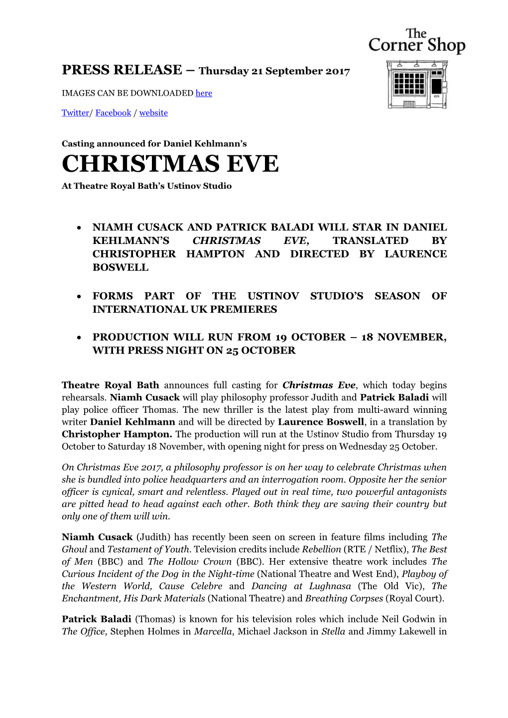CHRISTMAS EVE at Theatre Royal Bath’S Ustinov Studio