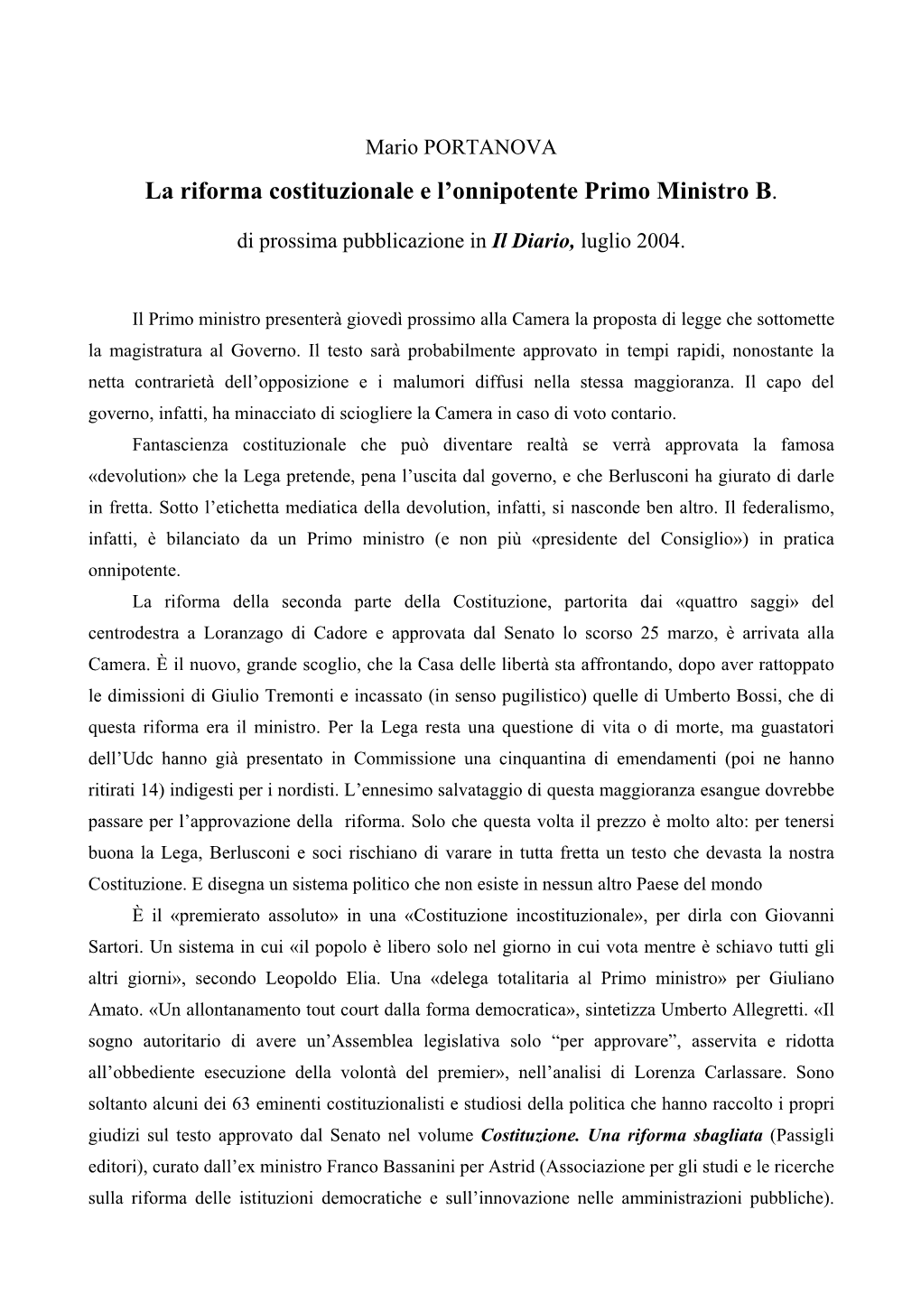 La Riforma Costituzionale E L'onnipotente Primo Ministro B