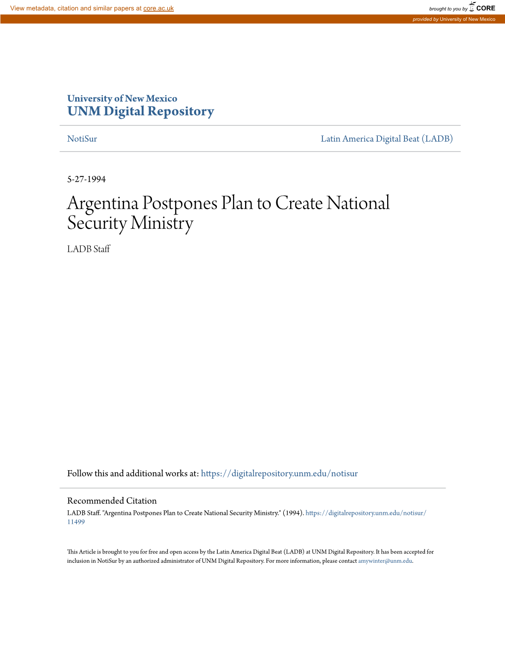 Argentina Postpones Plan to Create National Security Ministry LADB Staff