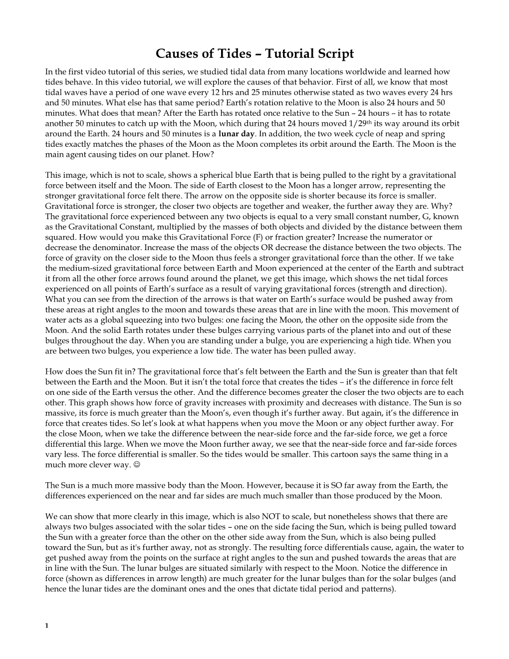 Causes of Tides – Tutorial Script in the First Video Tutorial of This Series, We Studied Tidal Data from Many Locations Worldwide and Learned How Tides Behave