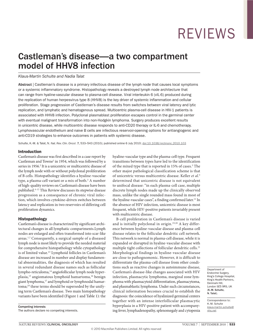 Castleman's Disease—A Two Compartment Model of HHV8 Infection