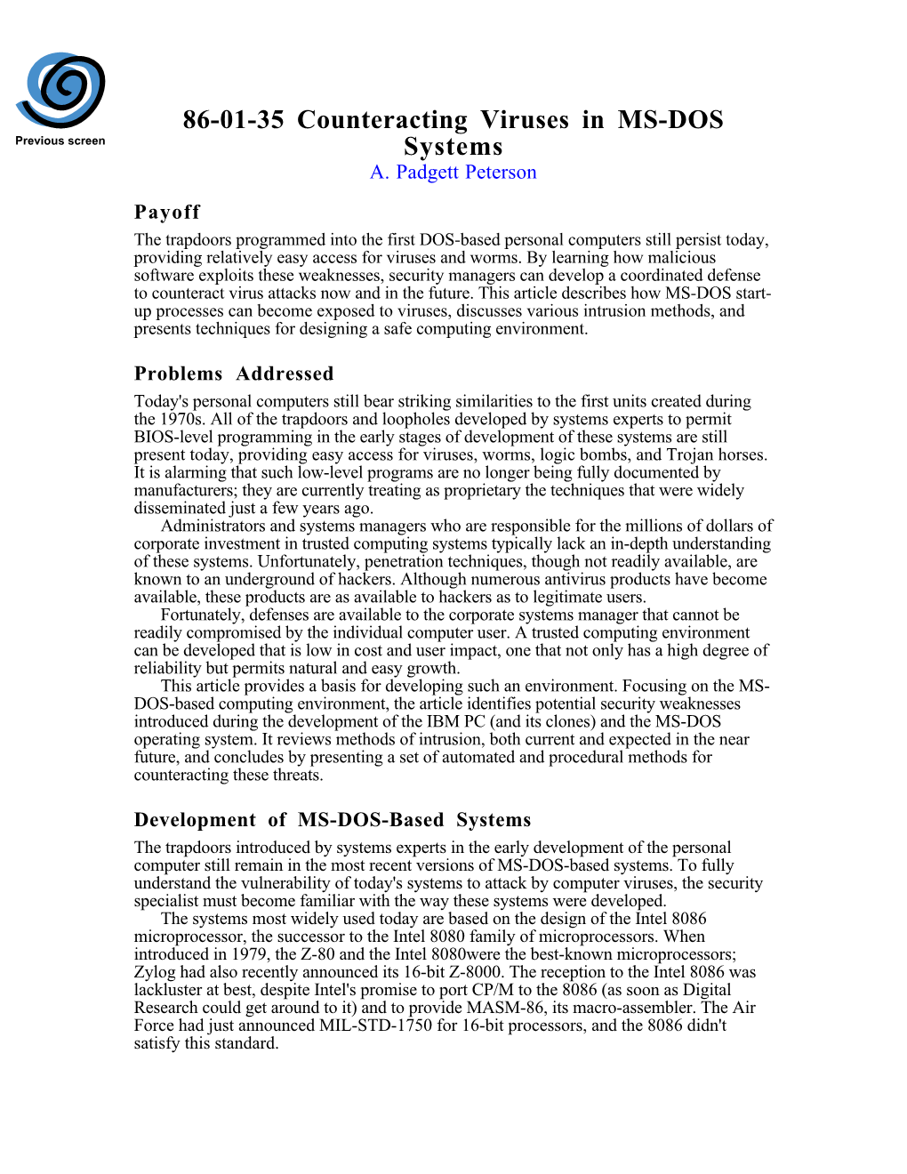 Counteracting Viruses in MS-DOS Systems