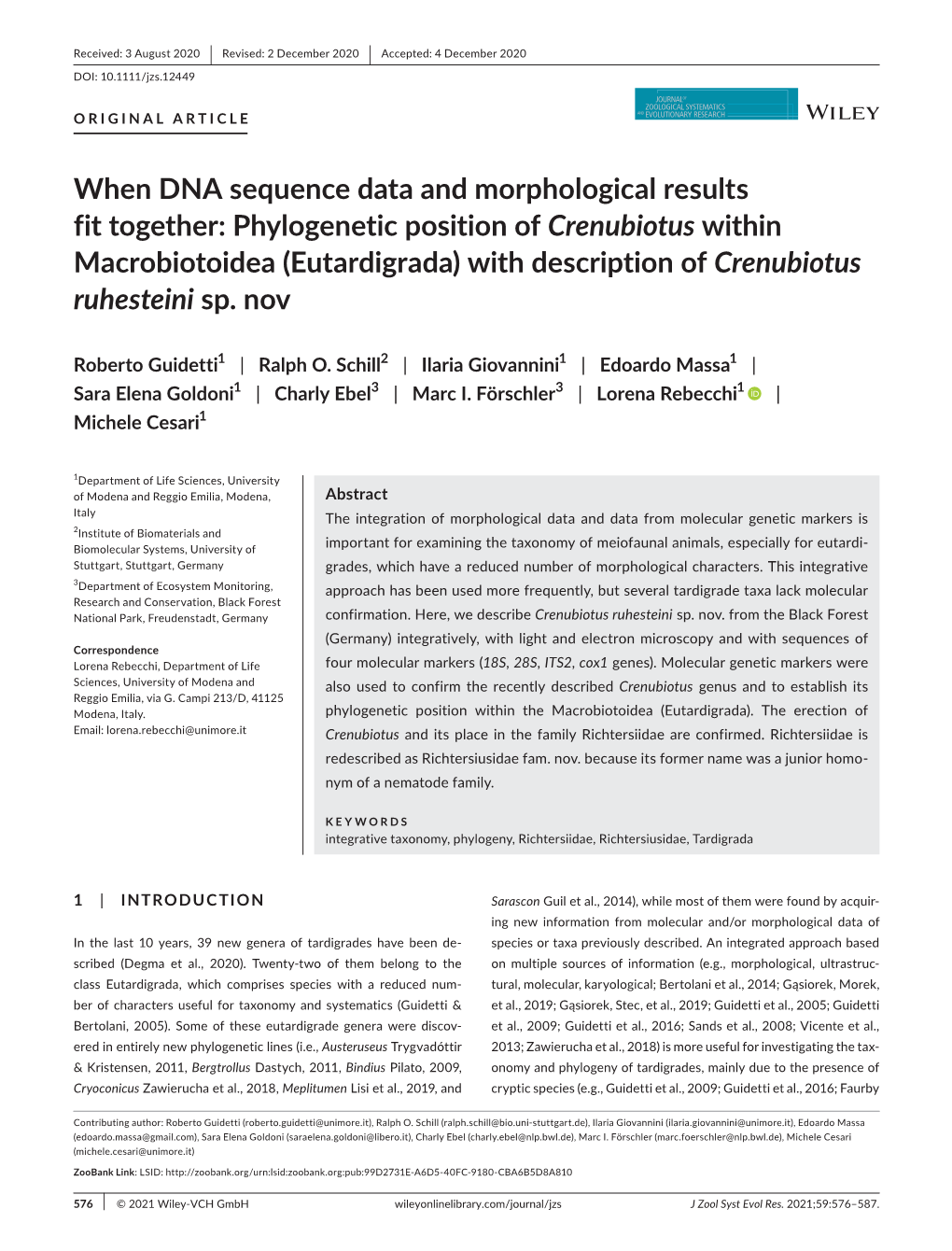 Phylogenetic Position of Crenubiotus Within Macrobiotoidea (Eutardigrada) with Description of Crenubiotus Ruhesteini Sp