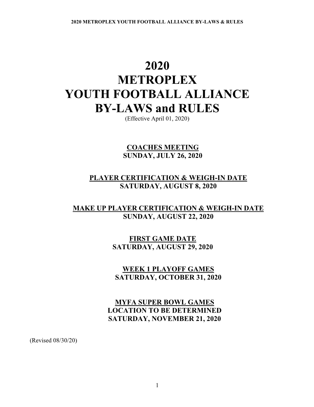 2020 Metroplex Youth Football Alliance By-Laws & Rules