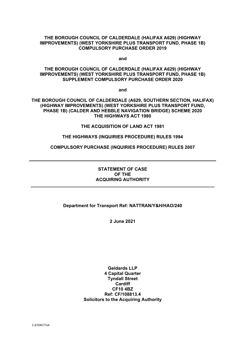 The Borough Council of Calderdale (Halifax A629) (Highway Improvements) (West Yorkshire Plus Transport Fund, Phase 1B) Compulsory Purchase Order 2019