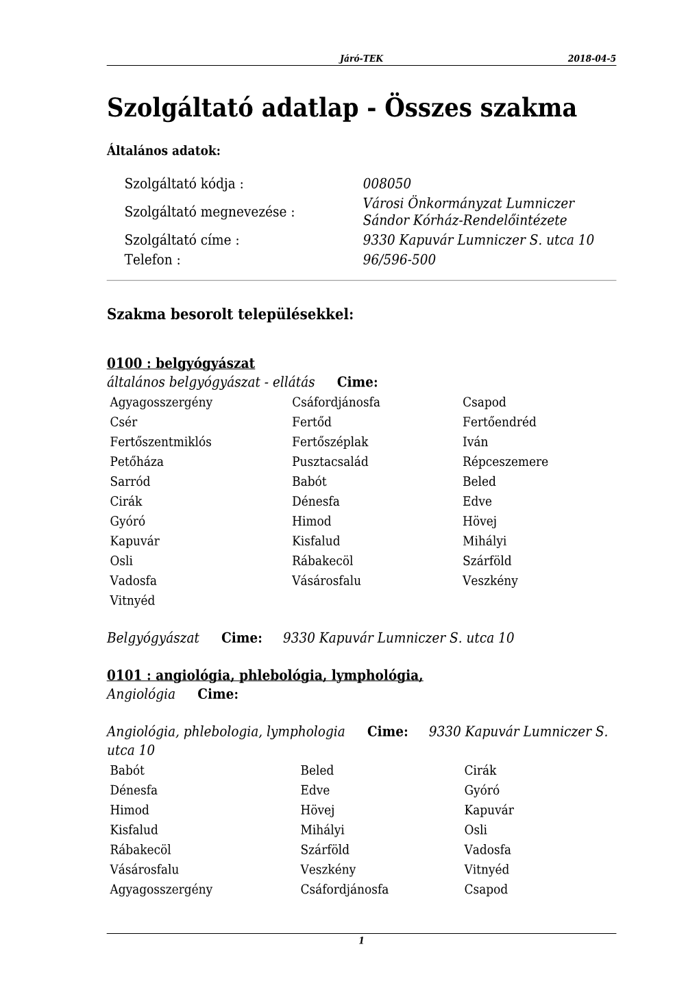 Szolgáltató Adatlap - Összes Szakma