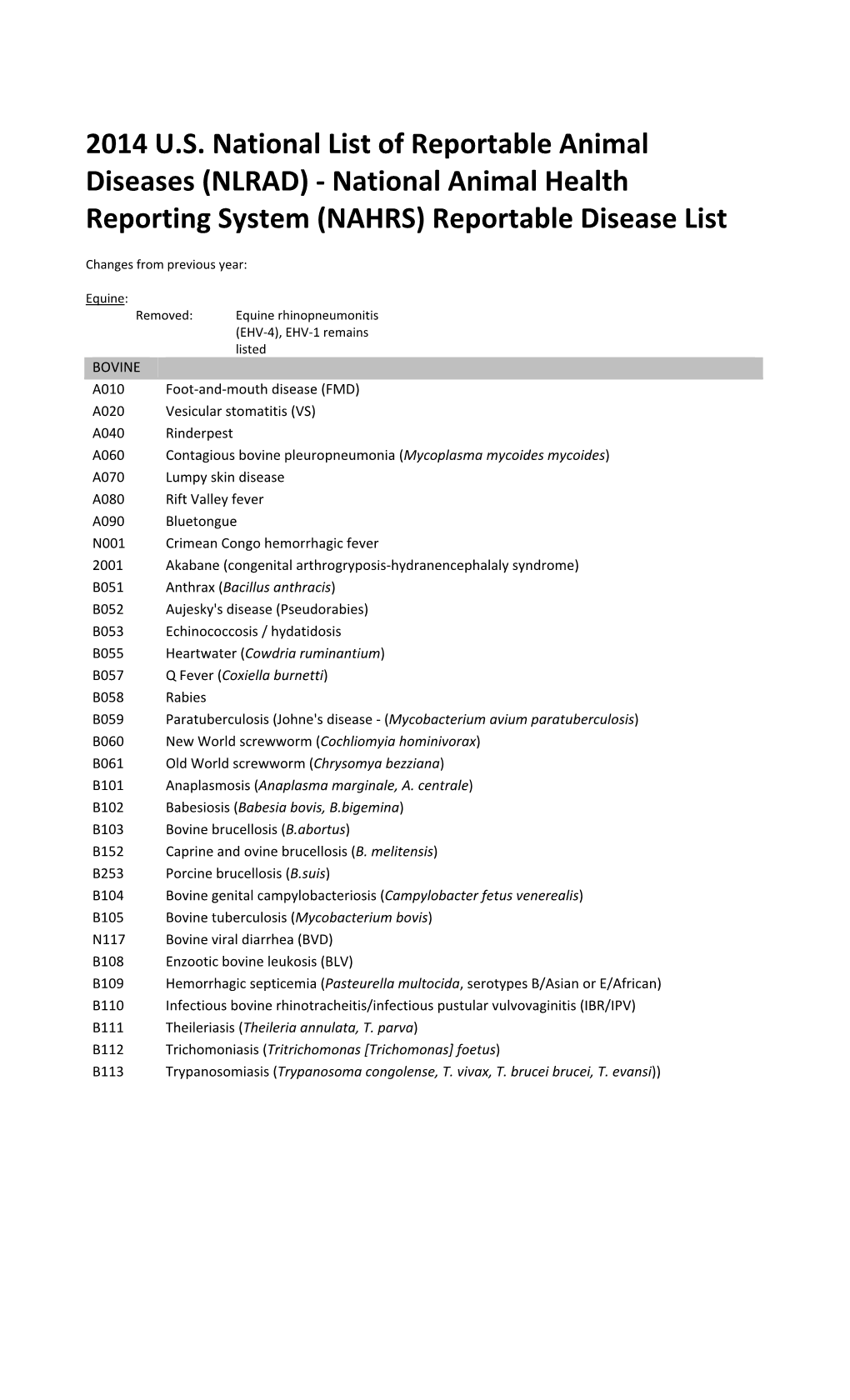 2014 US National List of Reportable Animal Diseases