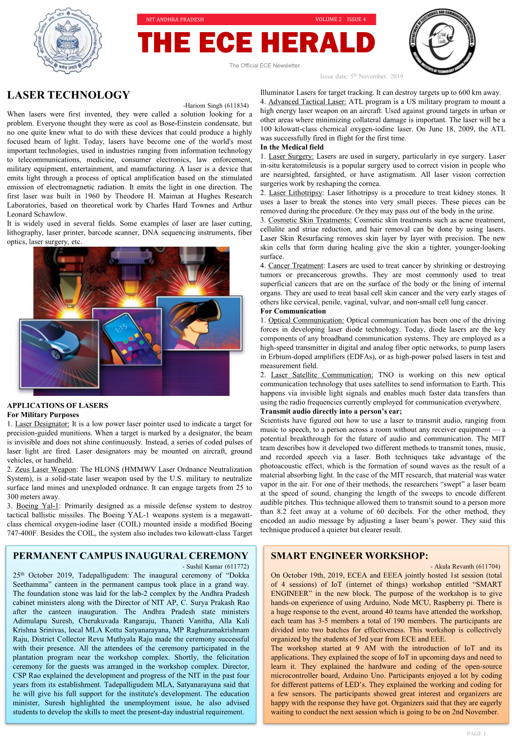 THE ECE HERALD the Official ECE Newsletter Issue Date: 5Th November, 2019 LASER TECHNOLOGY Illuminator Lasers for Target Tracking