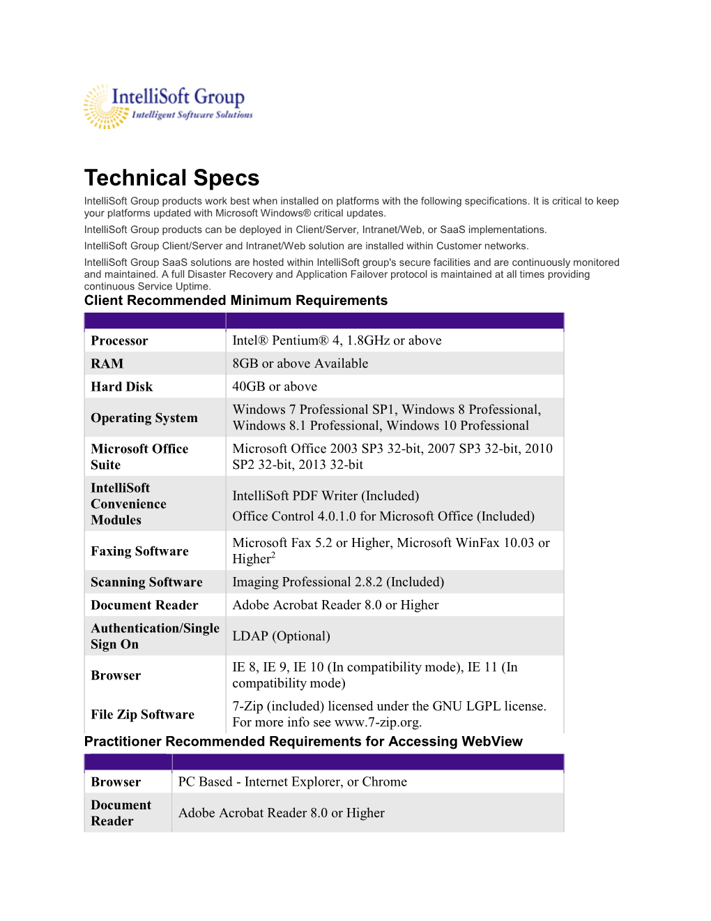 Technical Specs Intellisoft Group Products Work Best When Installed on Platforms with the Following Specifications
