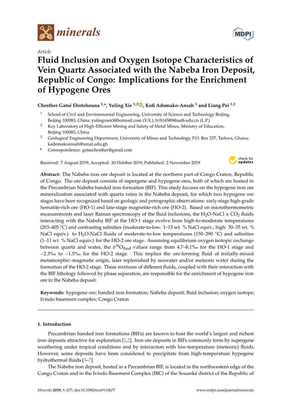 Fluid Inclusion and Oxygen Isotope Characteristics of Vein Quartz Associated with the Nabeba Iron Deposit, Republic of Congo: Implications for the Enrichment of Hypogene Ores