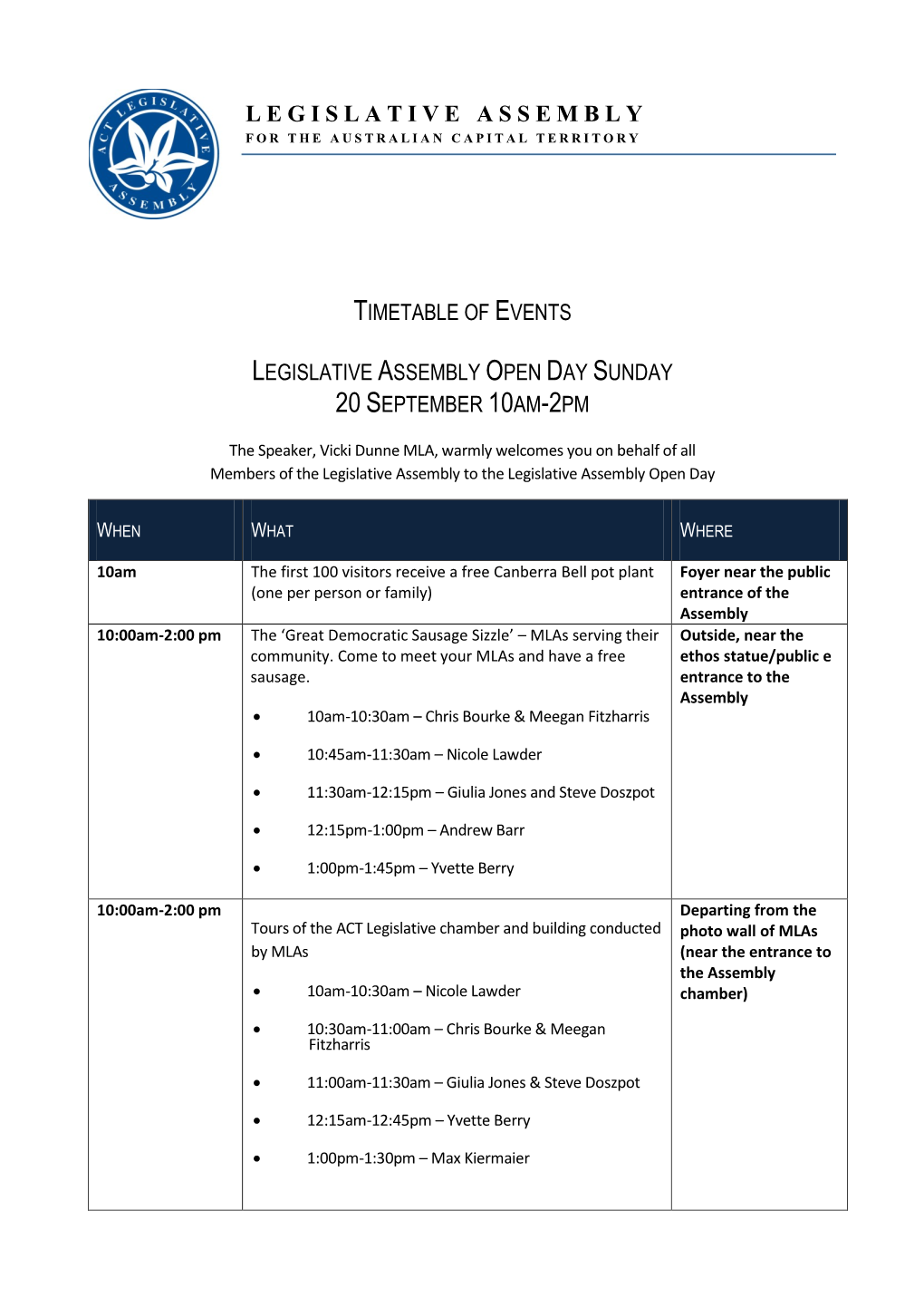 Open Day 2015 Timetable of Events