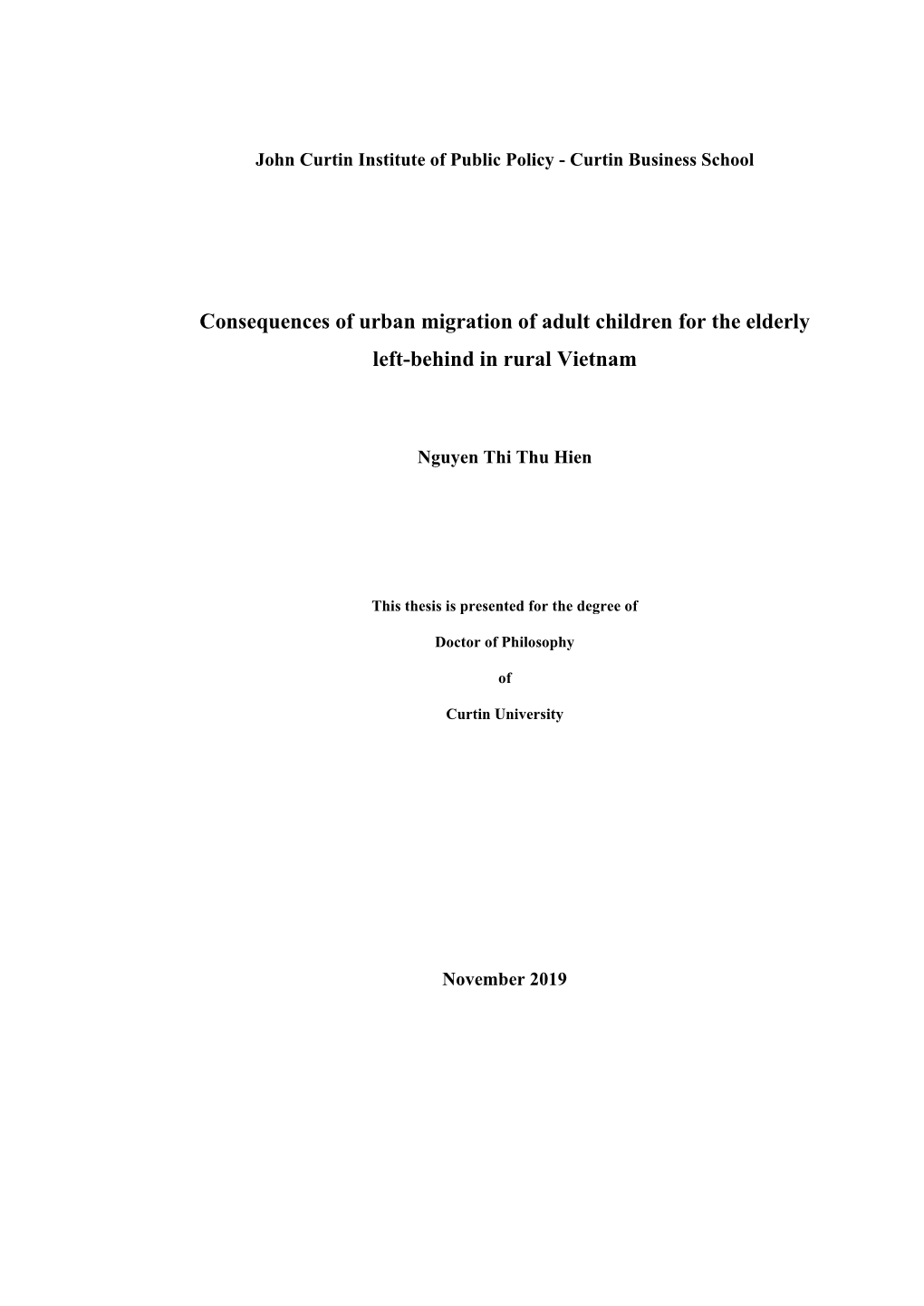 Consequences of Urban Migration of Adult Children for the Elderly Left-Behind in Rural Vietnam