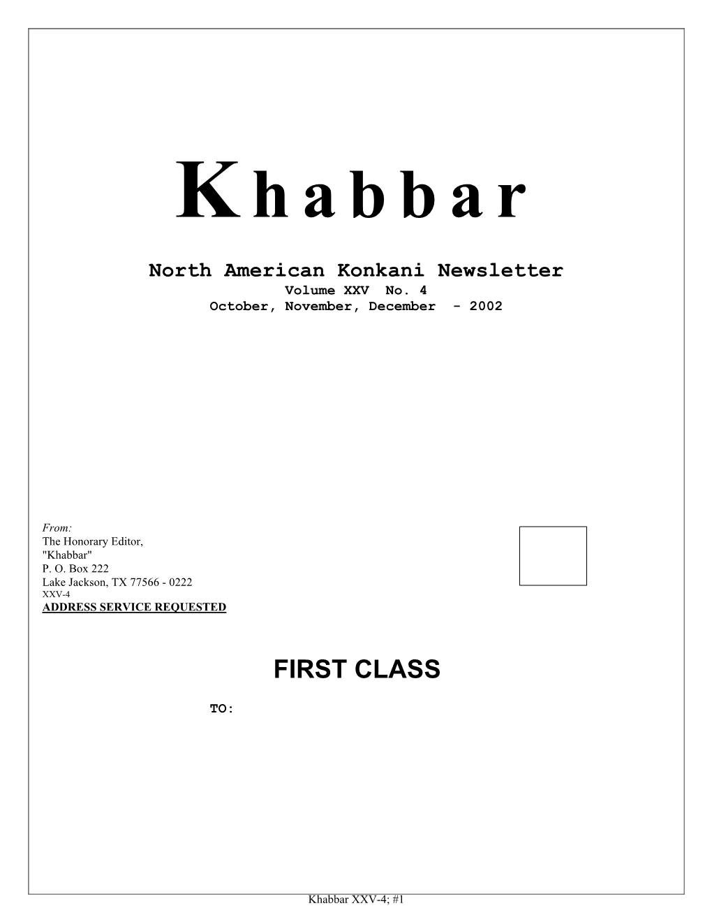 Khabbar Vol. XXV No. 4 (October, November, December
