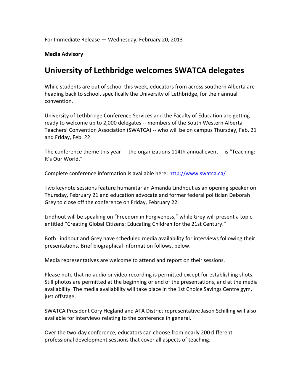 University of Lethbridge Welcomes SWATCA Delegates