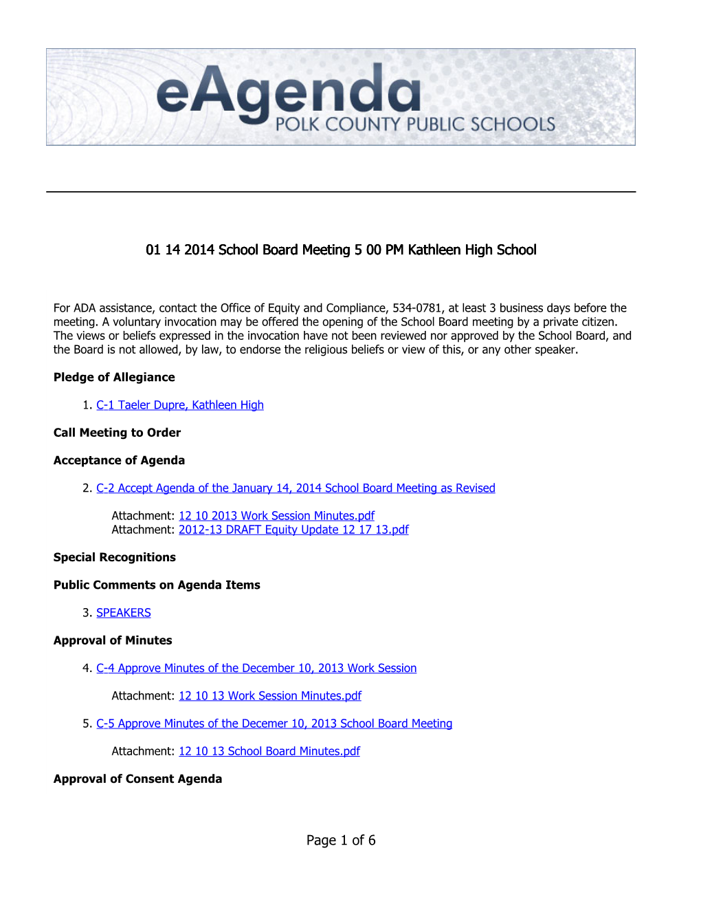 01 14 2014 School Board Meeting 5 00 PM Kathleen High School Page
