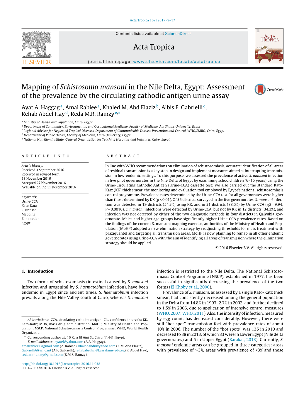 Mapping of Schistosoma Mansoni in the Nile Delta, Egypt: Assessment