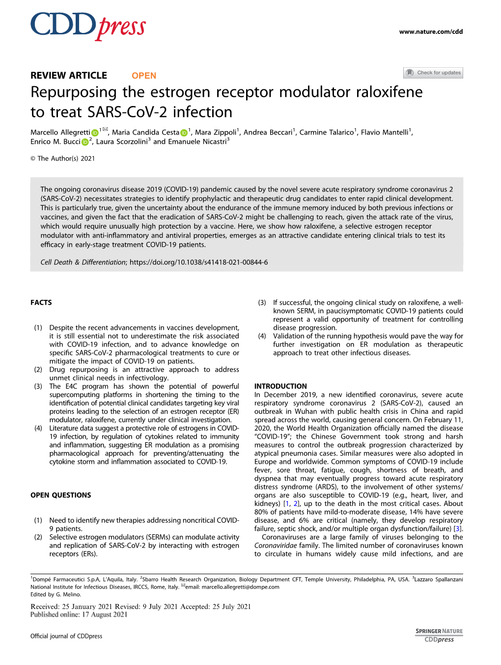 Repurposing the Estrogen Receptor Modulator Raloxifene to Treat SARS