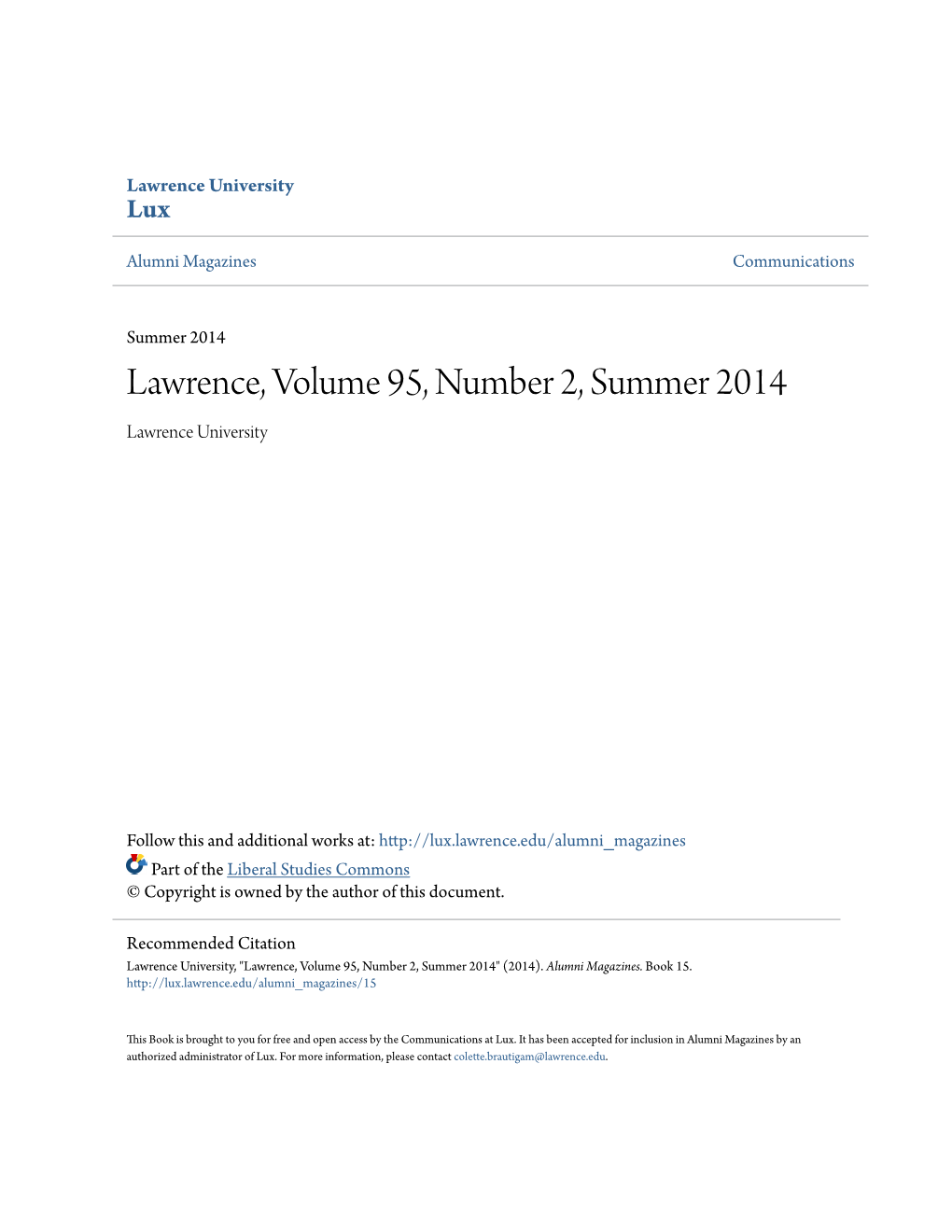 Lawrence, Volume 95, Number 2, Summer 2014 Lawrence University