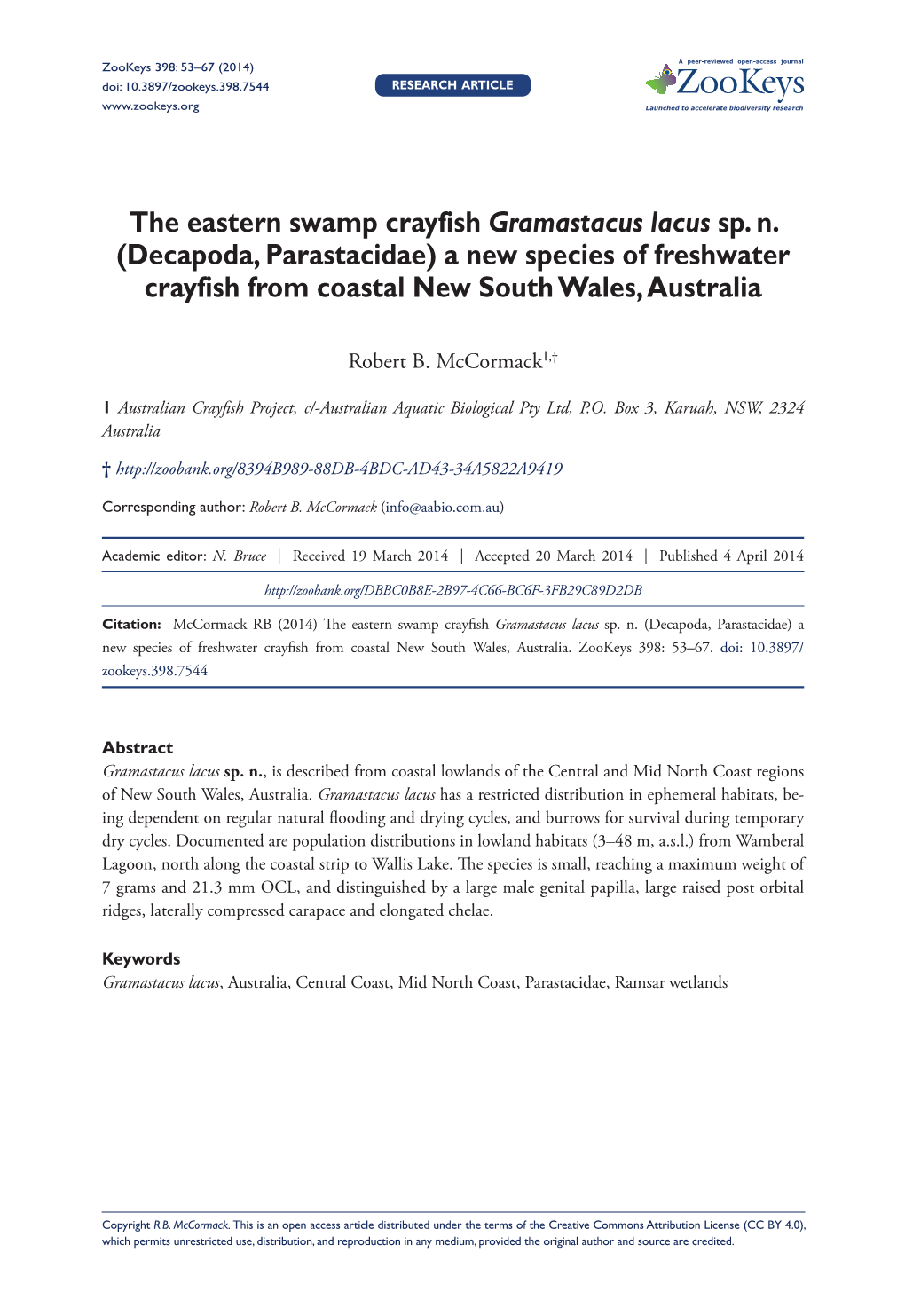 The Eastern Swamp Crayfish Gramastacus Lacus Sp. N. (Decapoda, Parastacidae) a New Species of Freshwater Crayfish from Coastal New South Wales, Australia
