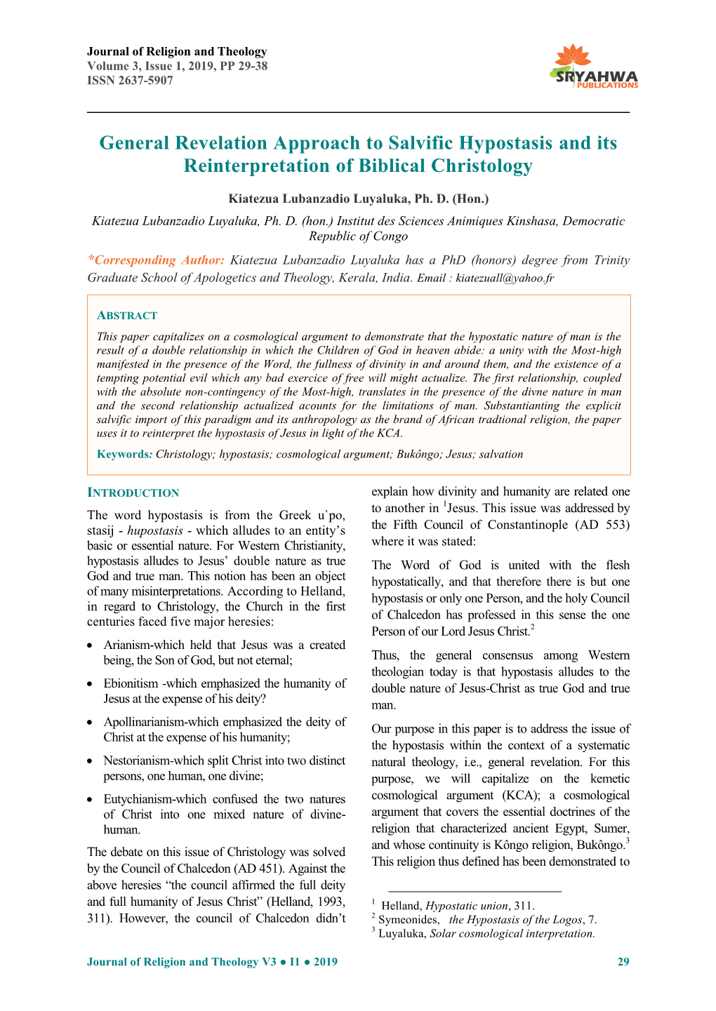 General Revelation Approach to Salvific Hypostasis and Its Reinterpretation of Biblical Christology