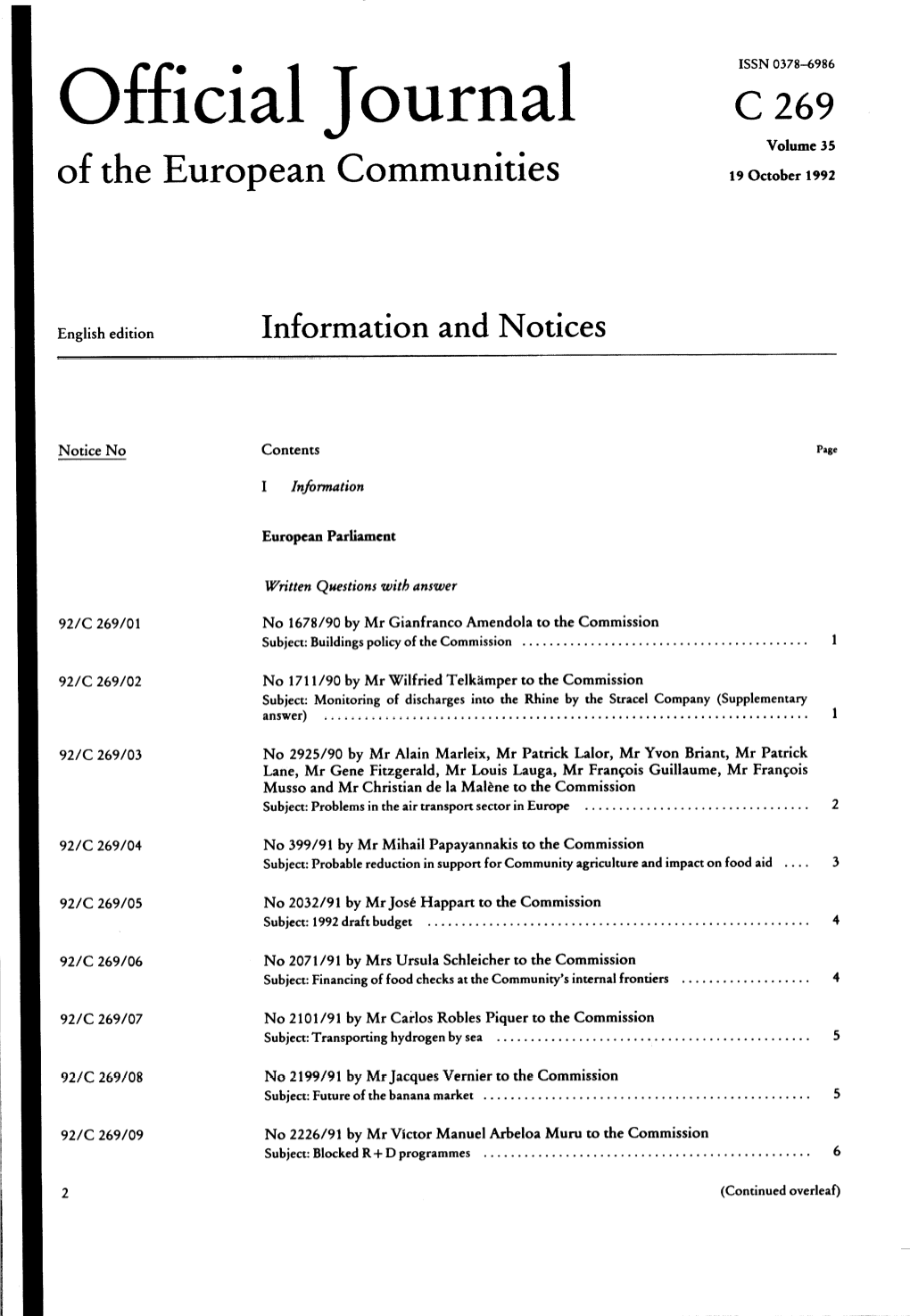 Official Journal C 269 Volume 35 of the European Communities 19 October 1992