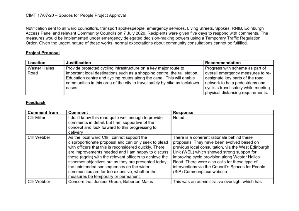 CIMT 17/07/20 – Spaces for People Project Approval