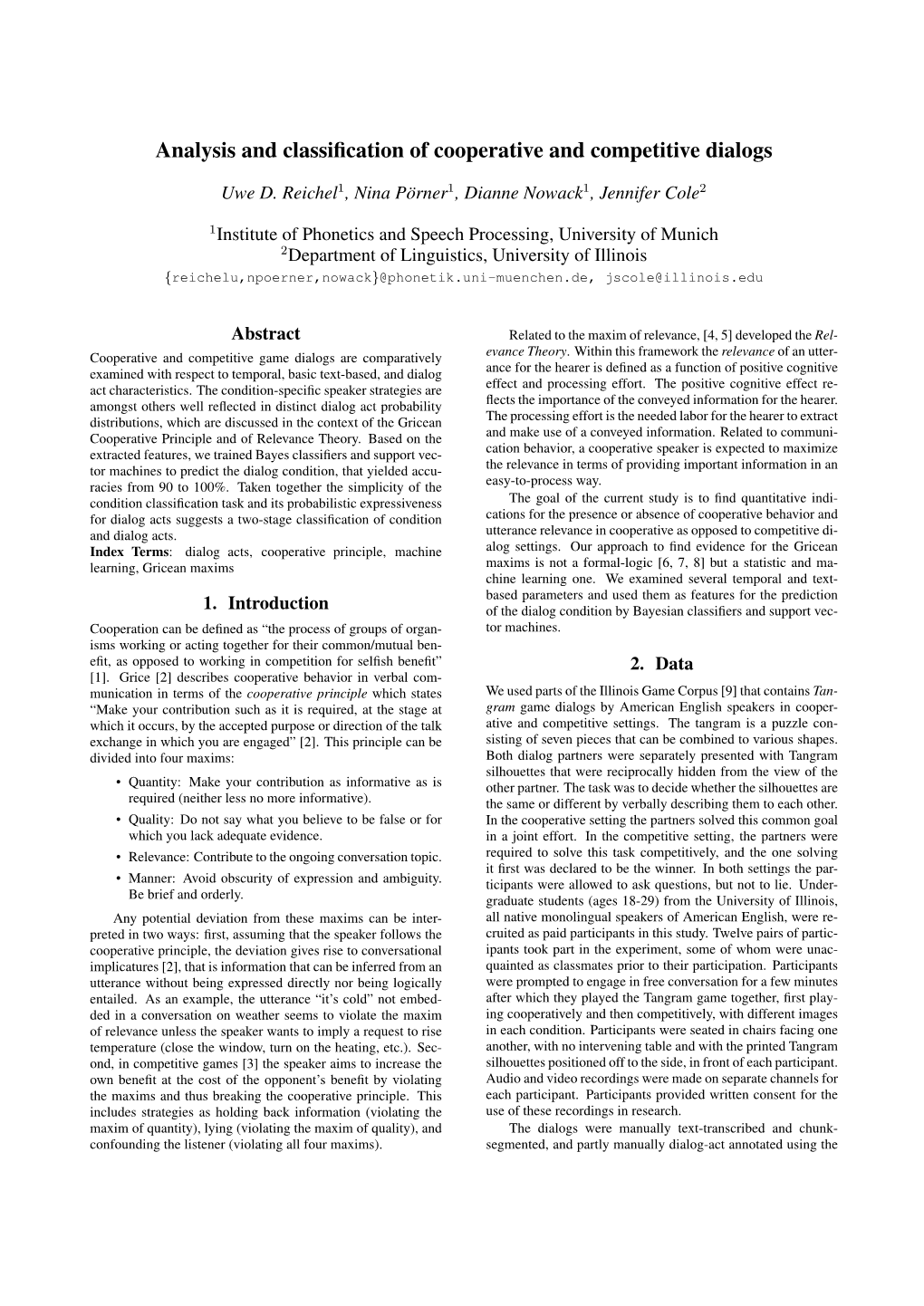 Analysis and Classification of Cooperative and Competitive Dialogs