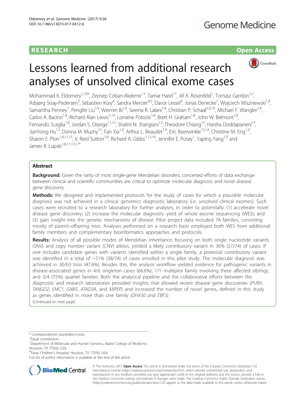 Lessons Learned from Additional Research Analyses of Unsolved Clinical Exome Cases Mohammad K