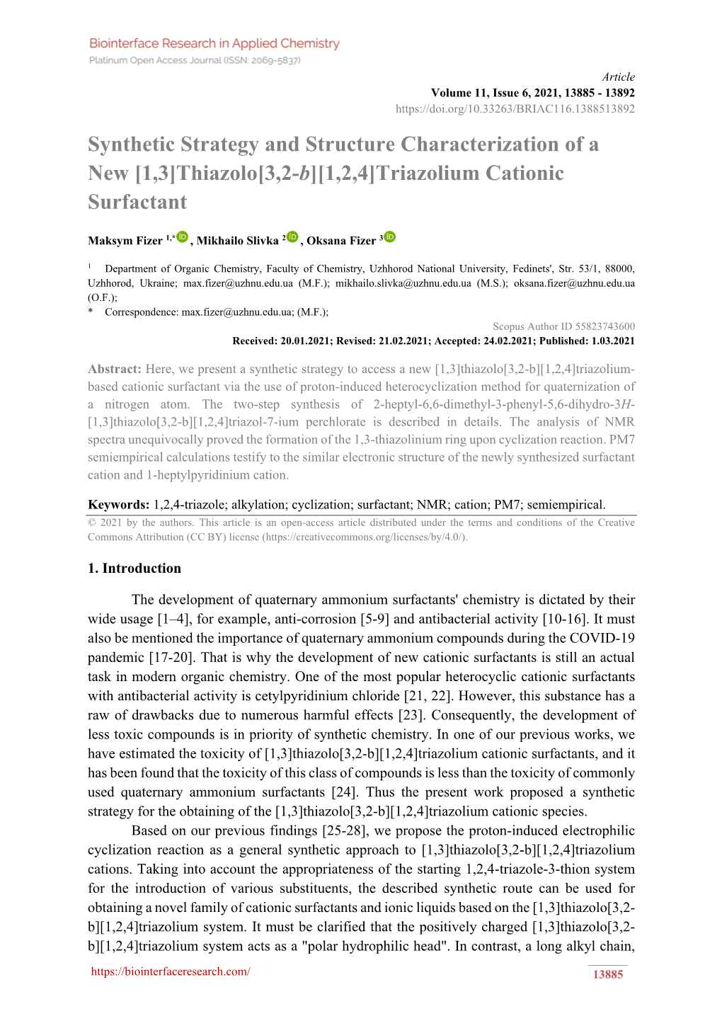 Thiazolo[3,2-B][1,2,4]Triazolium Cationic Surfactant