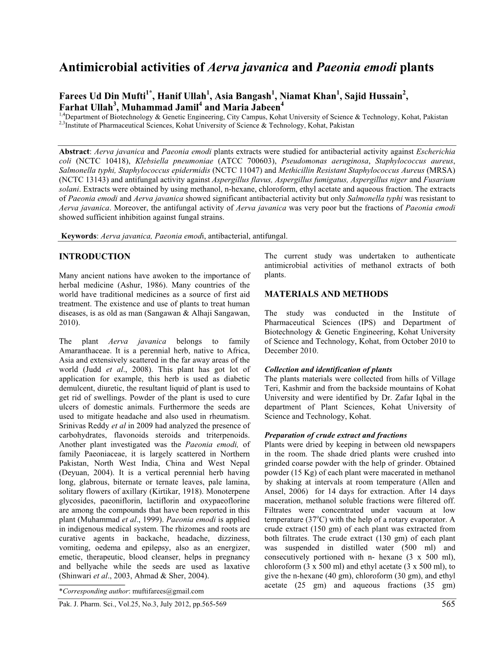 Antimicrobial Activities of Aerva Javanica and Paeonia Emodi Plants