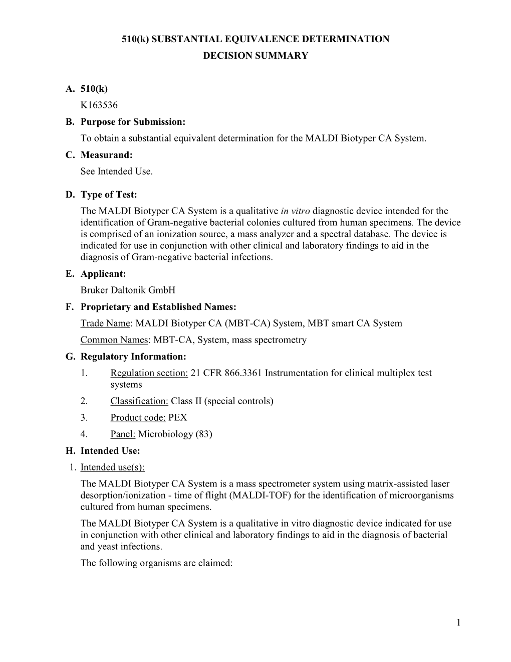 Substantial Equivalence Determination Decision Summary