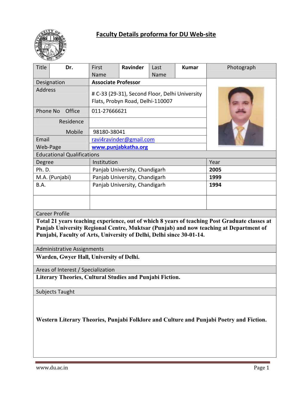 Faculty Details Proforma for DU Web-Site