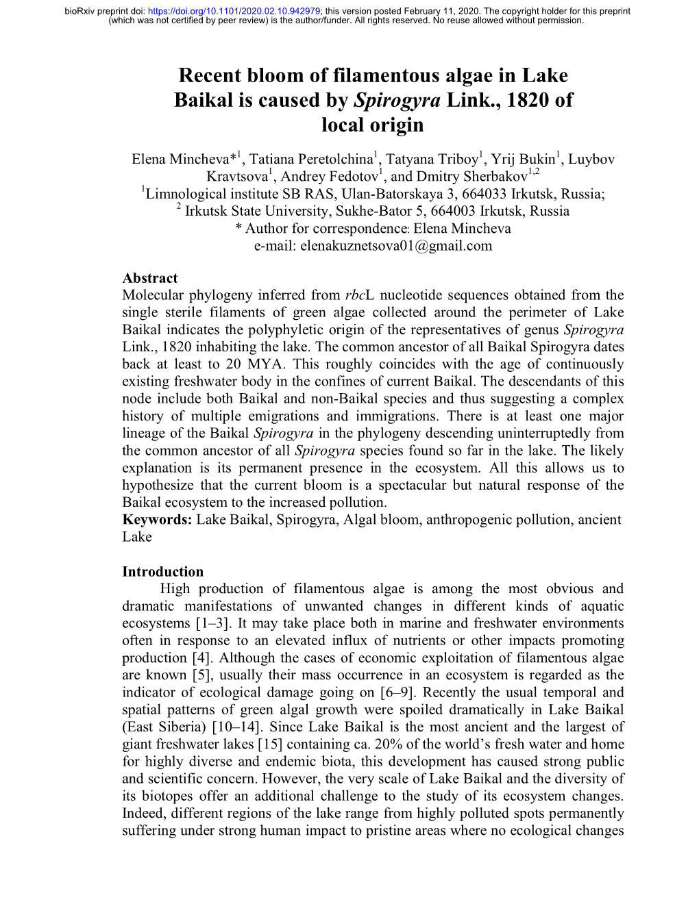 Recent Bloom of Filamentous Algae in Lake Baikal Is Caused by Spirogyra Link., 1820 of Local Origin