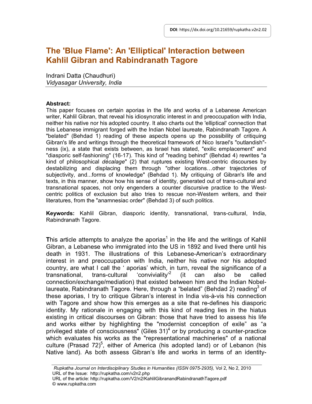 'Elliptical' Interaction Between Kahlil Gibran and Rabindranath Tagore