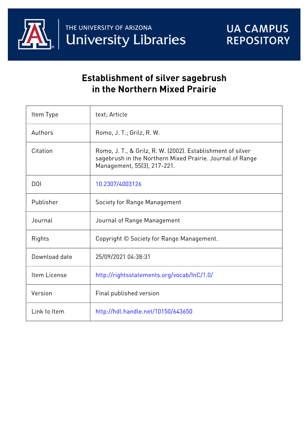 Establishment of Silver Sagebrush in the Northern Mixed Prairie