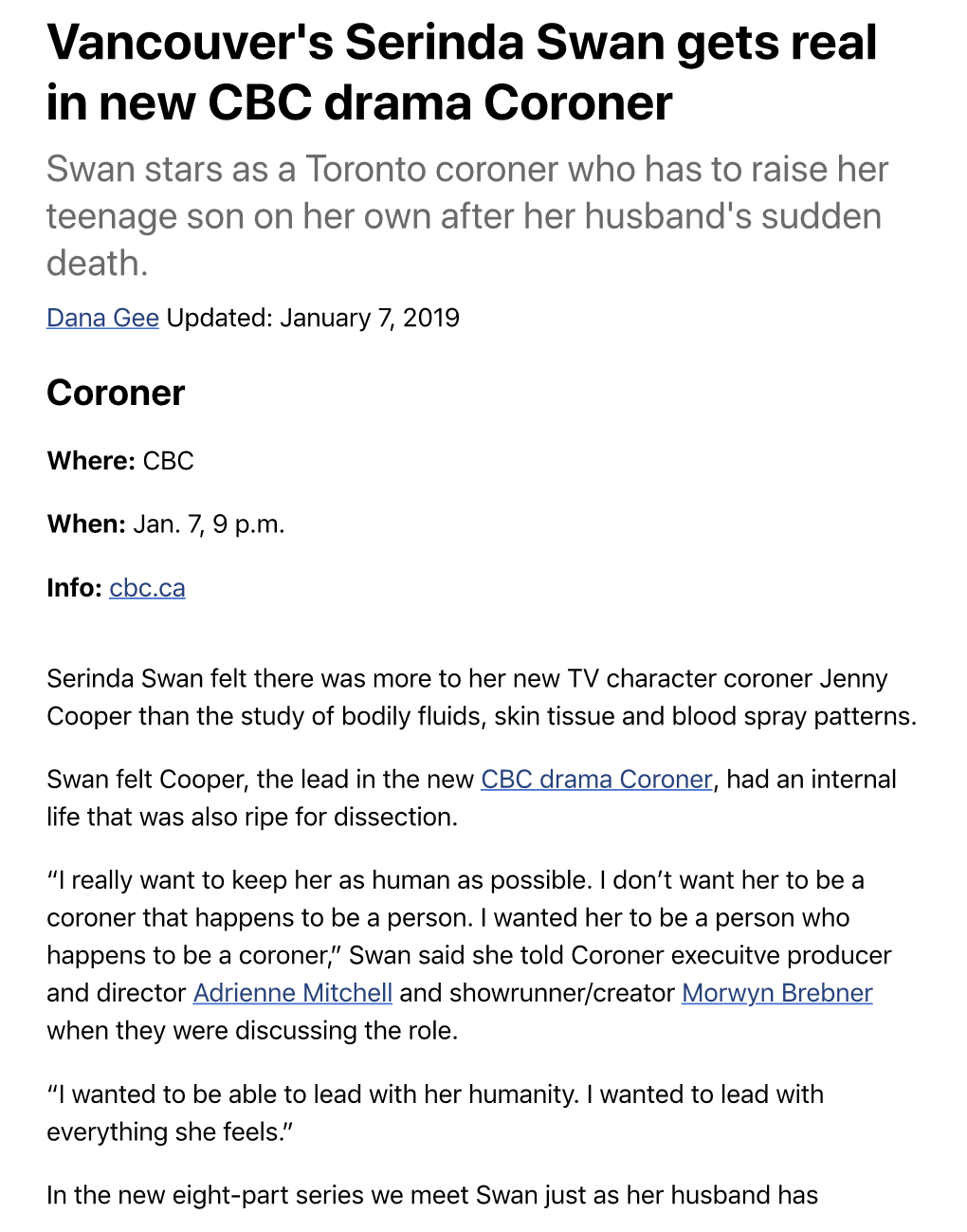 Vancouver's Serinda Swan Gets Real in New CBC Drama Coroner