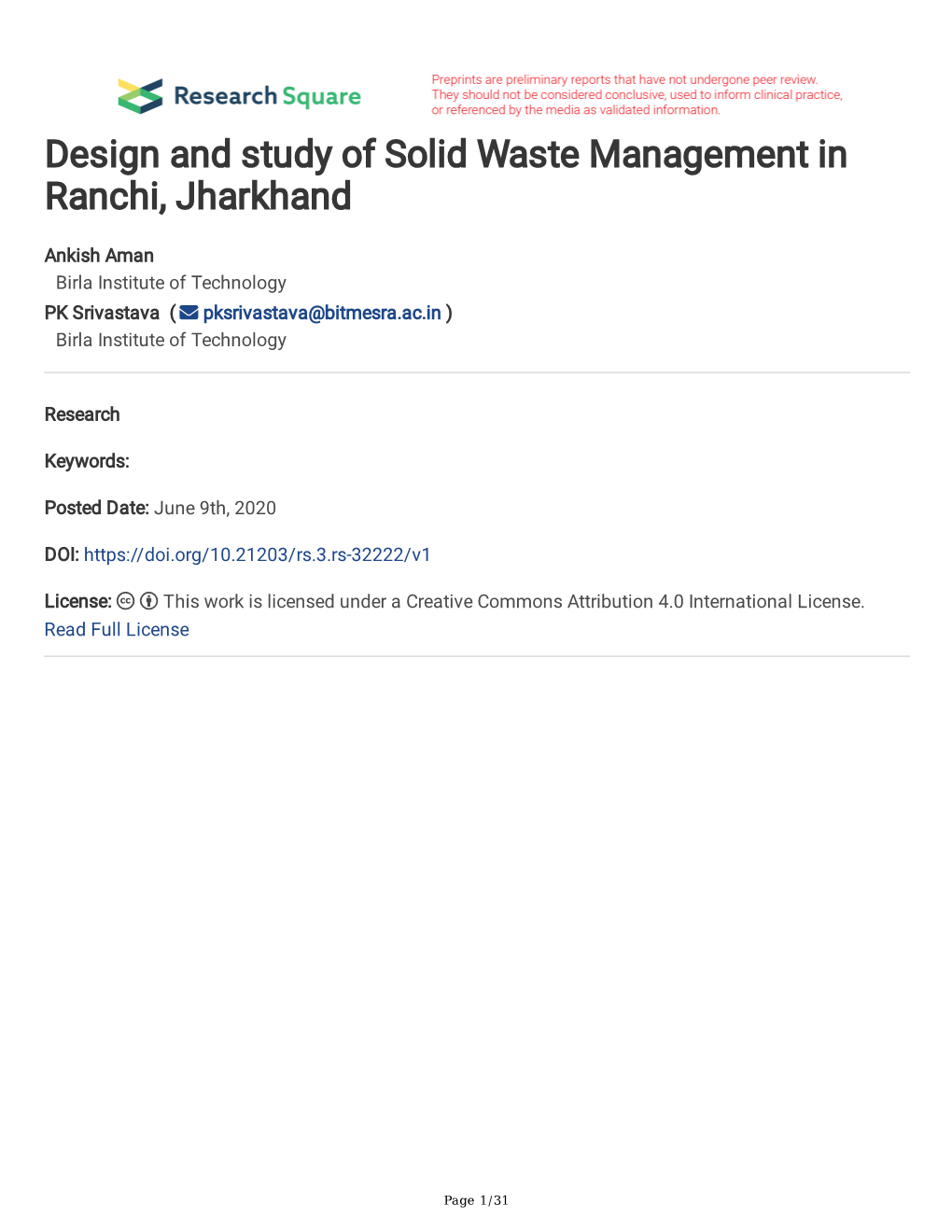 Design and Study of Solid Waste Management in Ranchi, Jharkhand