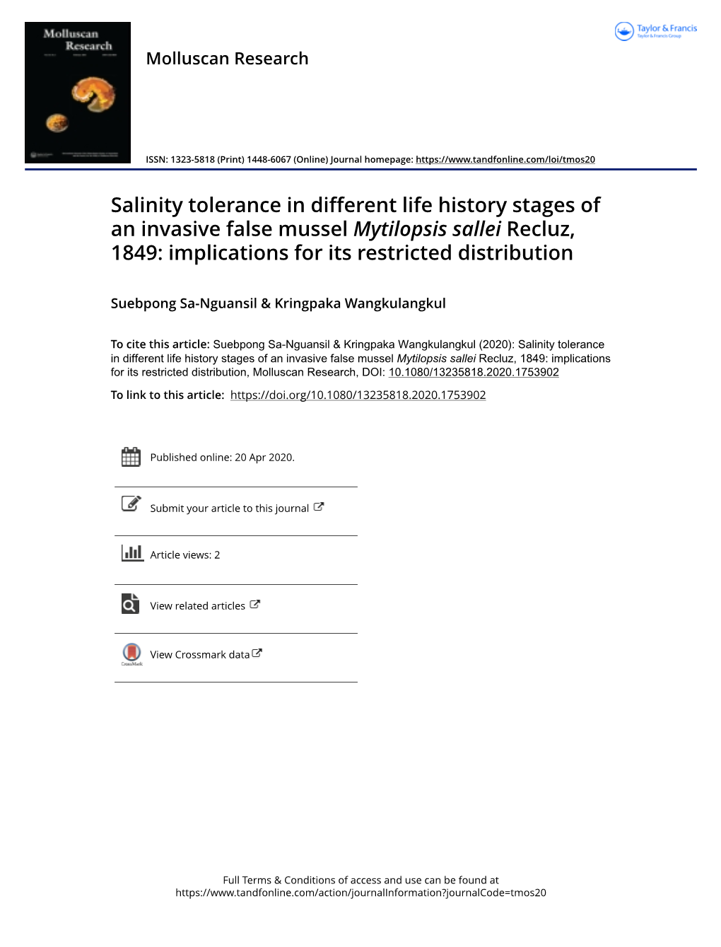 Salinity Tolerance in Different Life History Stages of an Invasive False Mussel Mytilopsis Sallei Recluz, 1849: Implications for Its Restricted Distribution