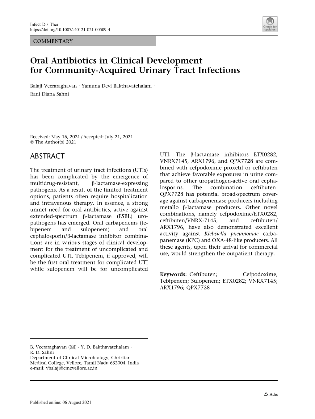 Oral Antibiotics in Clinical Development for Community-Acquired Urinary Tract Infections