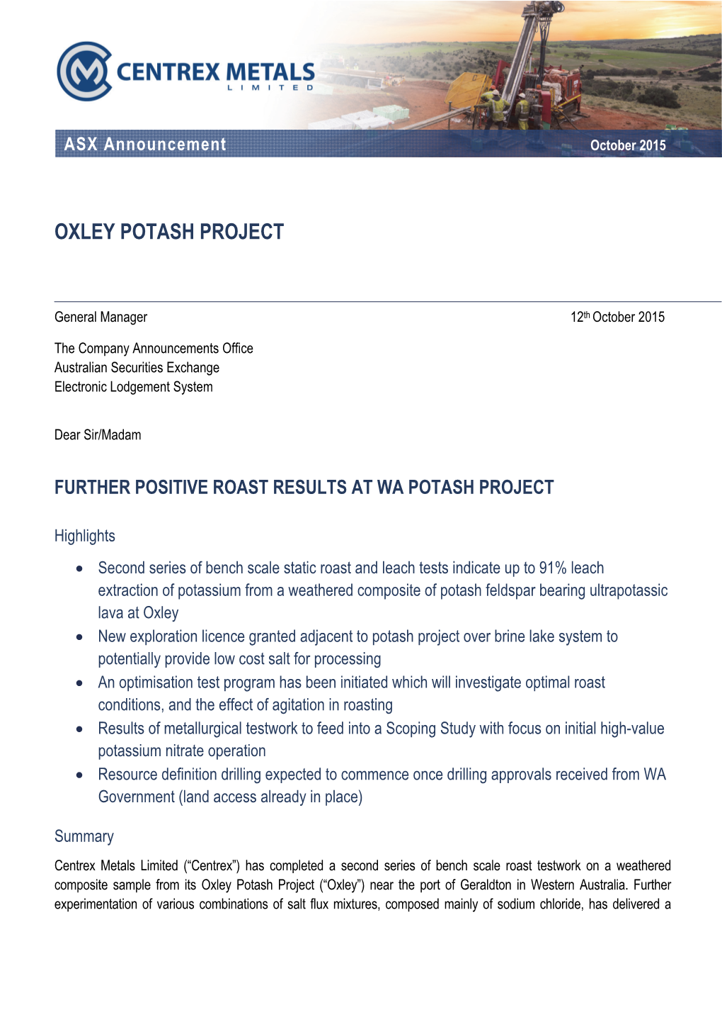Oxley Potash Project