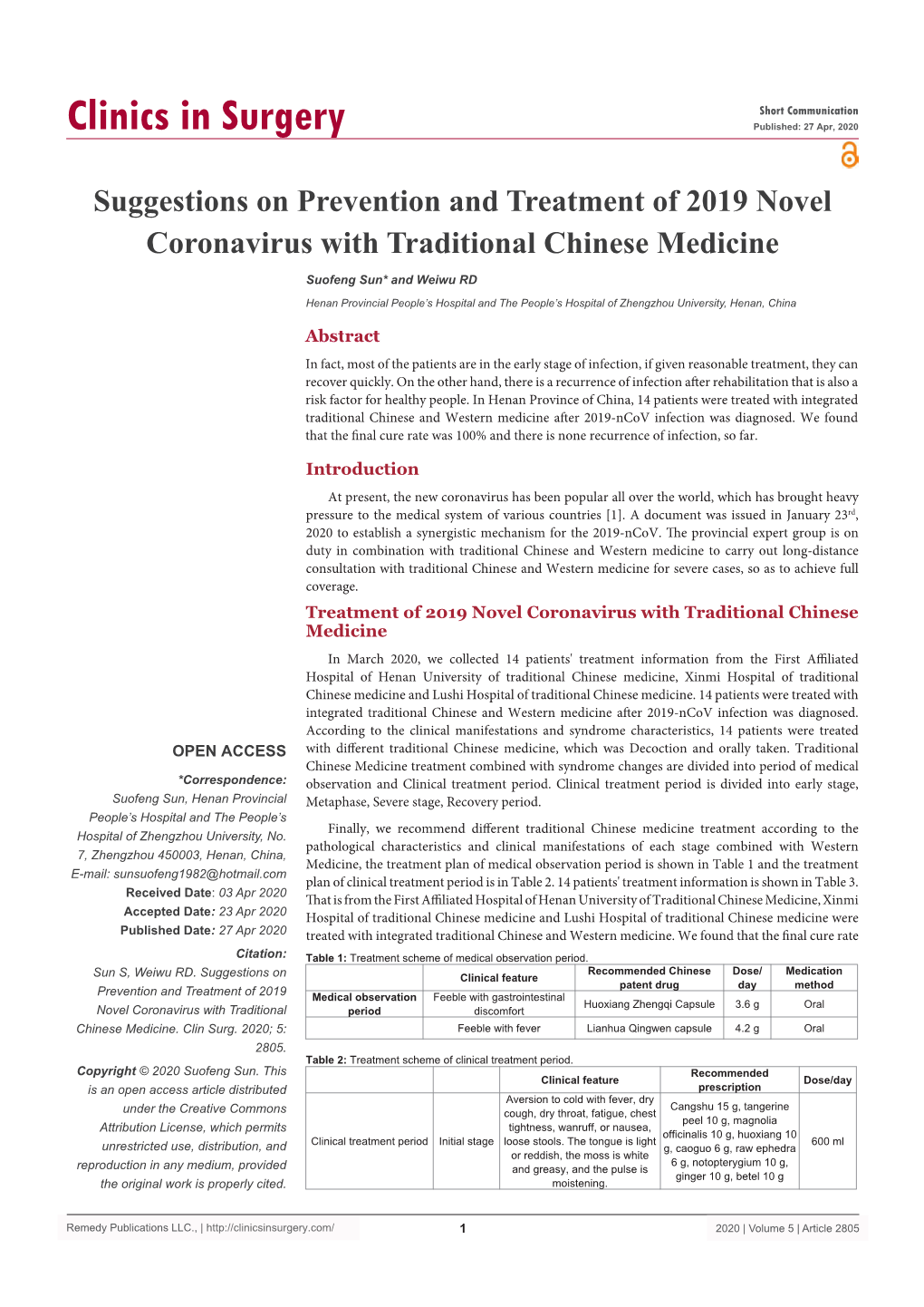 Suggestions on Prevention and Treatment of 2019 Novel Coronavirus with Traditional Chinese Medicine