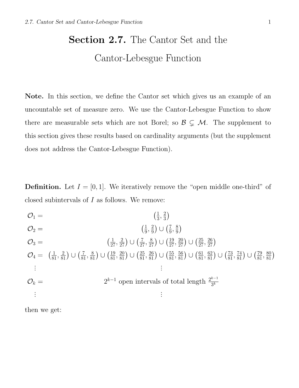 Section 2.7. the Cantor Set and the Cantor-Lebesgue Function