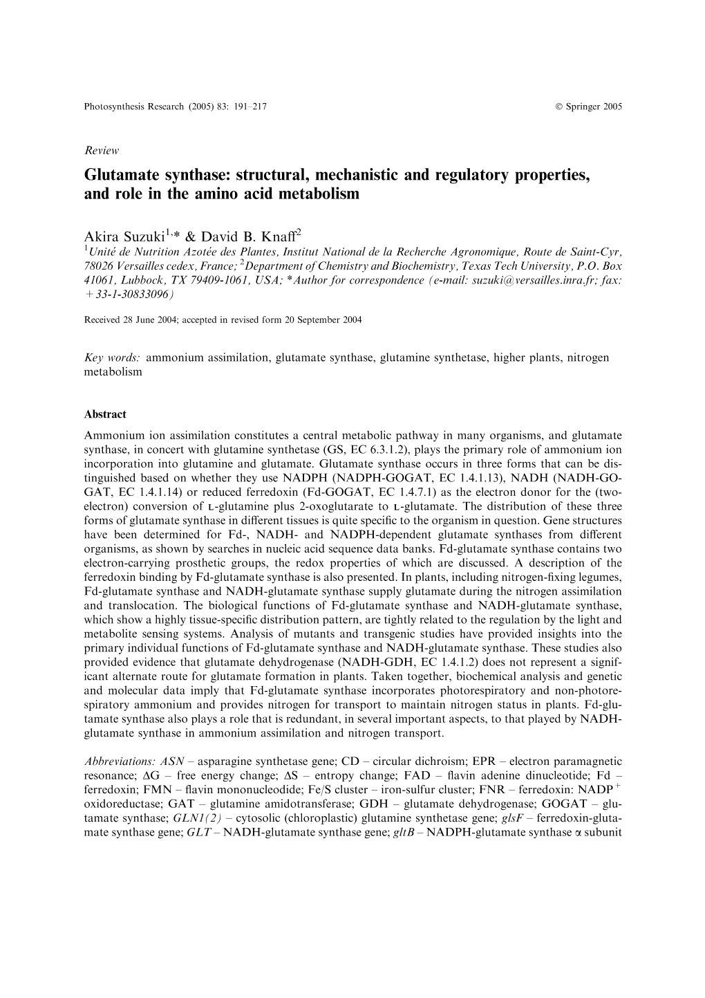 Glutamate Synthase: Structural, Mechanistic and Regulatory Properties, and Role in the Amino Acid Metabolism