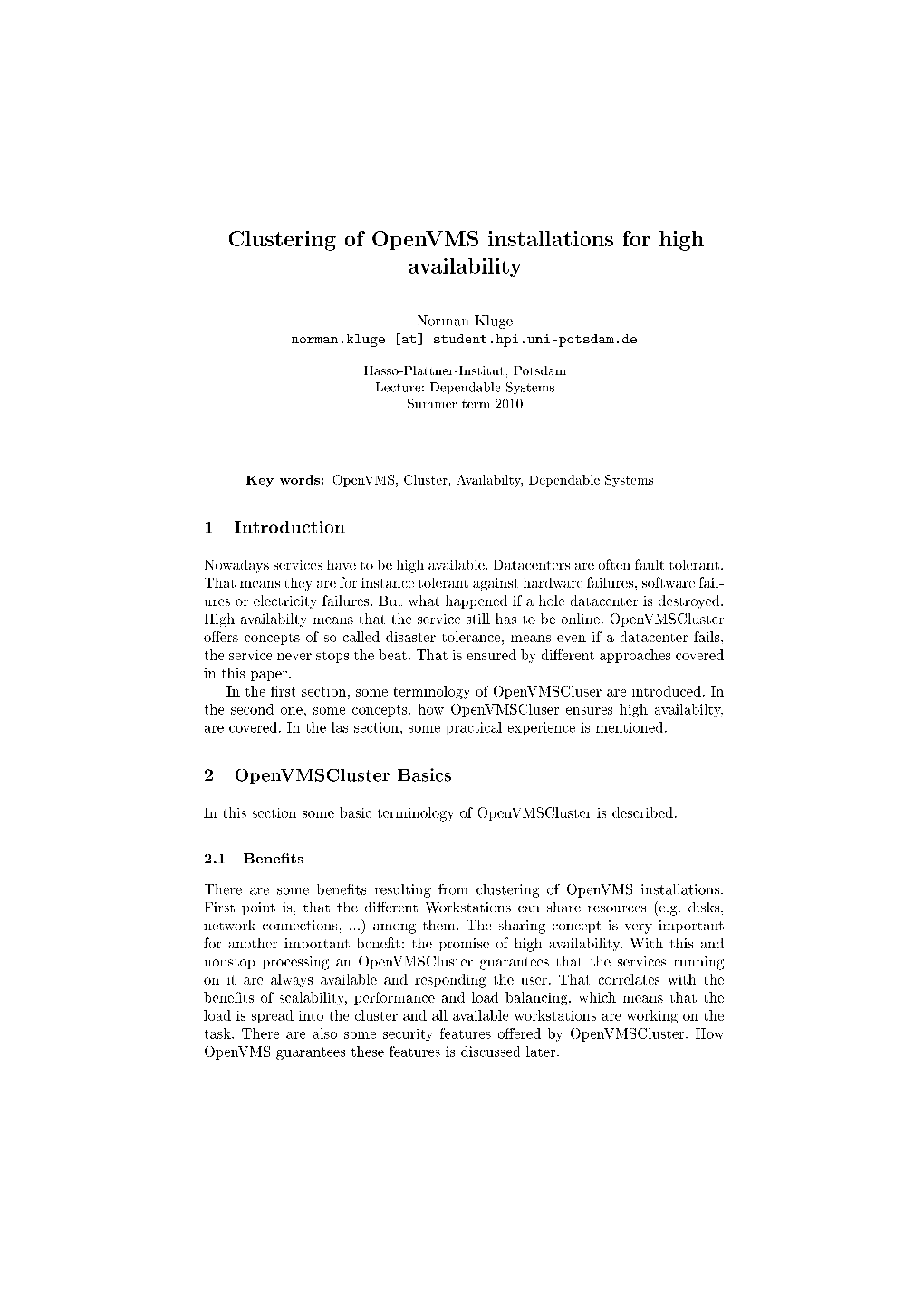 Clustering of Openvms Installations for High Availability