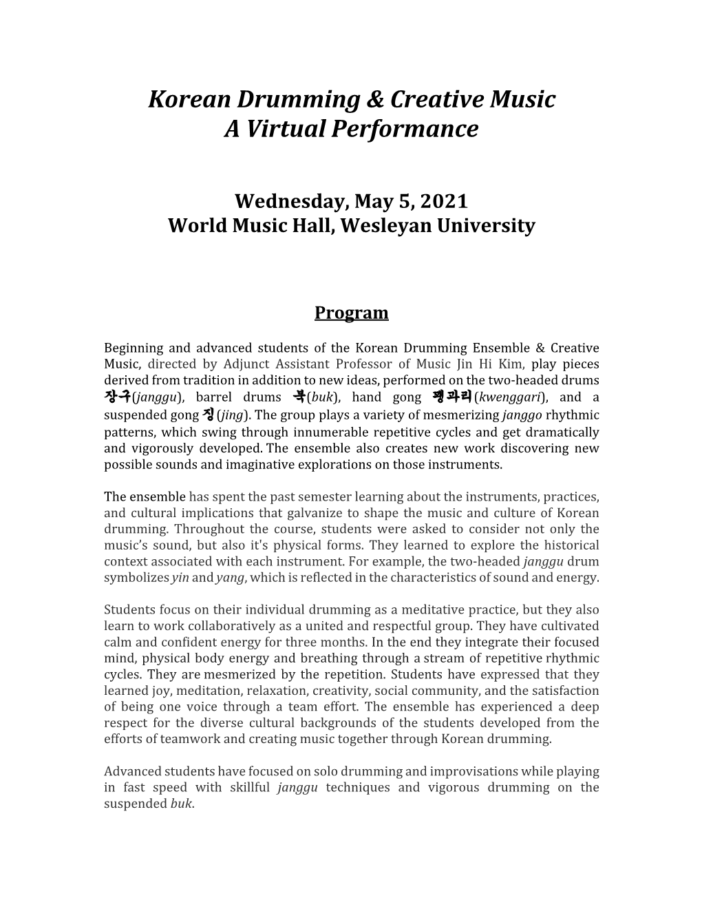 Korean Drumming and Creative Music Virtual Performance Program Here