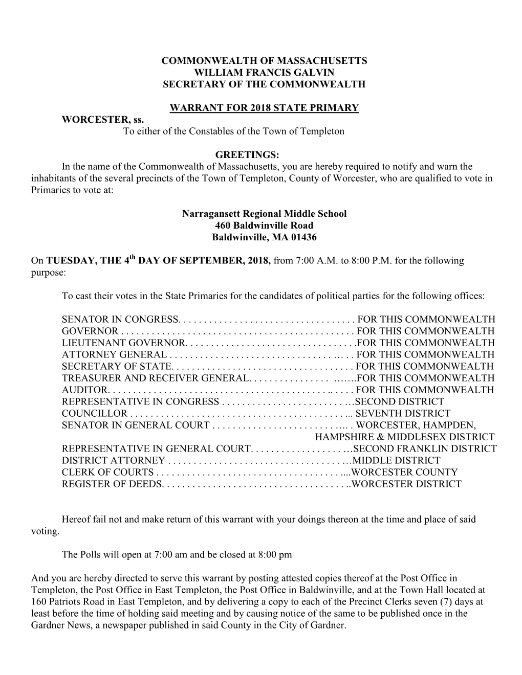 Warrant with Election Results