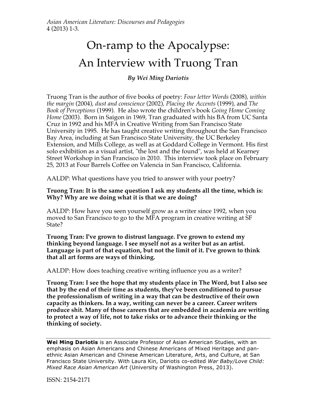 On-Ramp to the Apocalypse: an Interview with Truong Tran by Wei Ming Dariotis