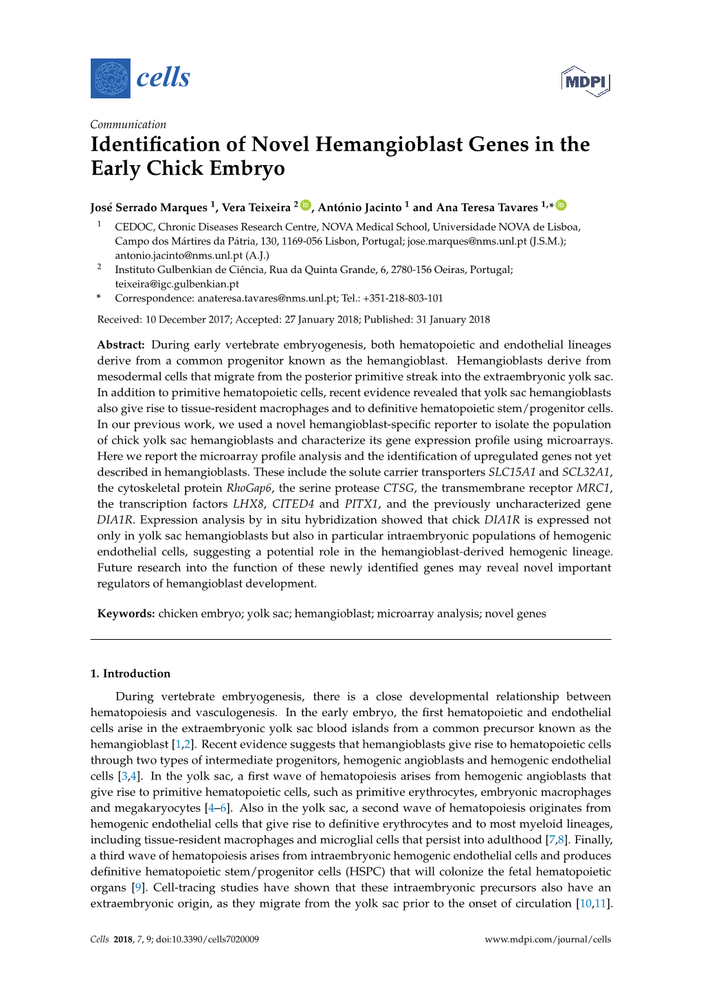 Identification of Novel Hemangioblast Genes in the Early Chick Embryo