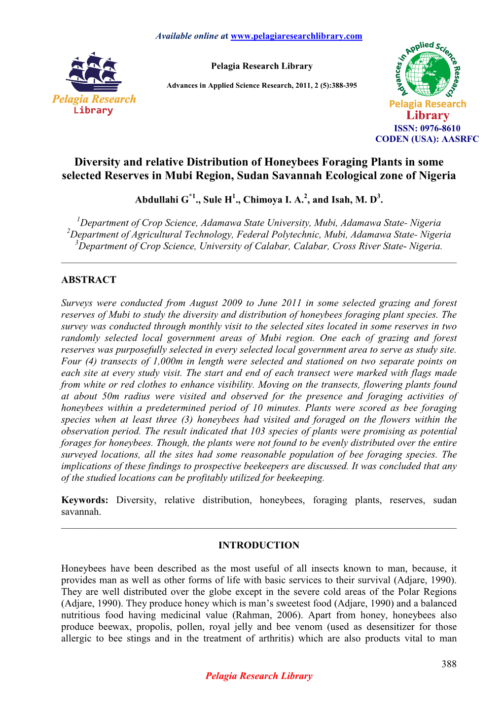 Diversity and Relative Distribution of Honeybees Foraging Plants in Some Selected Reserves in Mubi Region, Sudan Savannah Ecological Zone of Nigeria