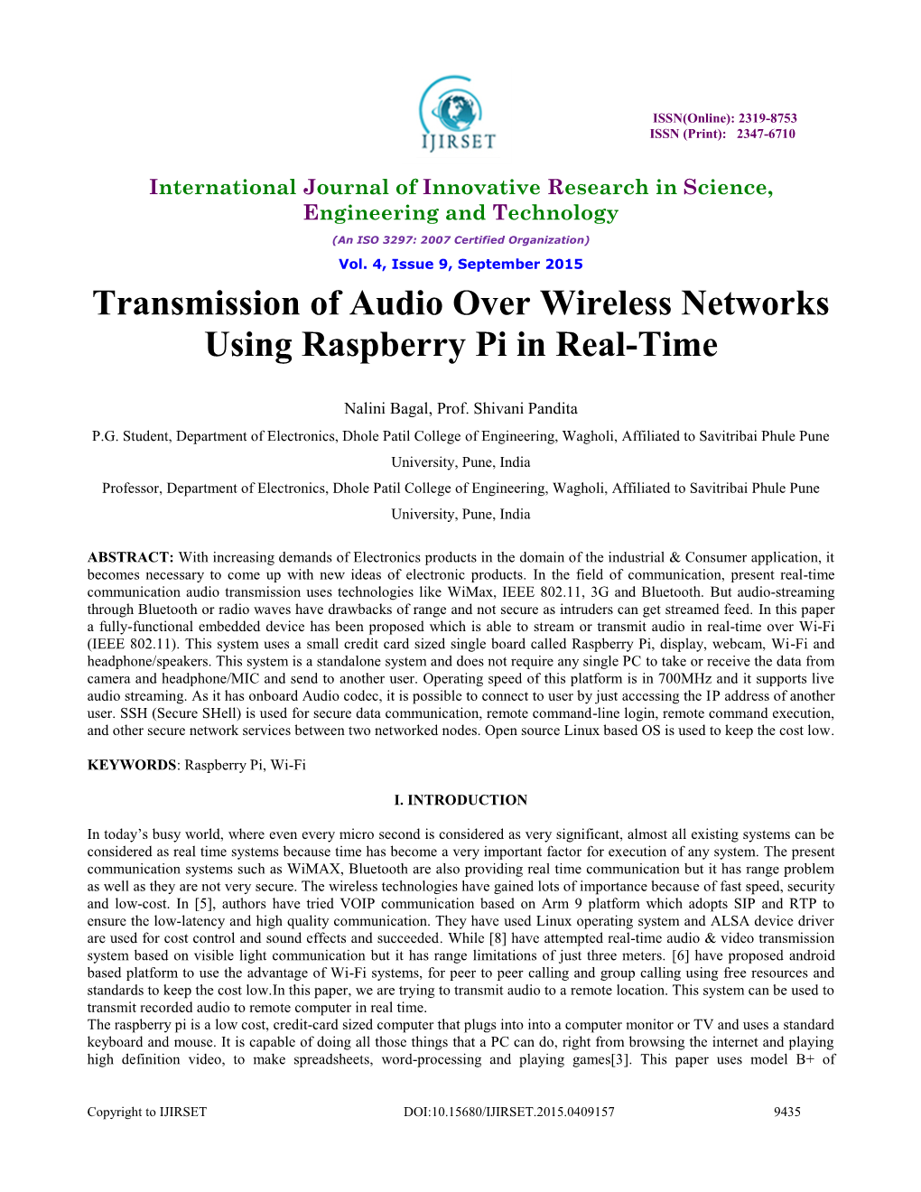 Transmission of Audio Over Wireless Networks Using Raspberry Pi in Real-Time